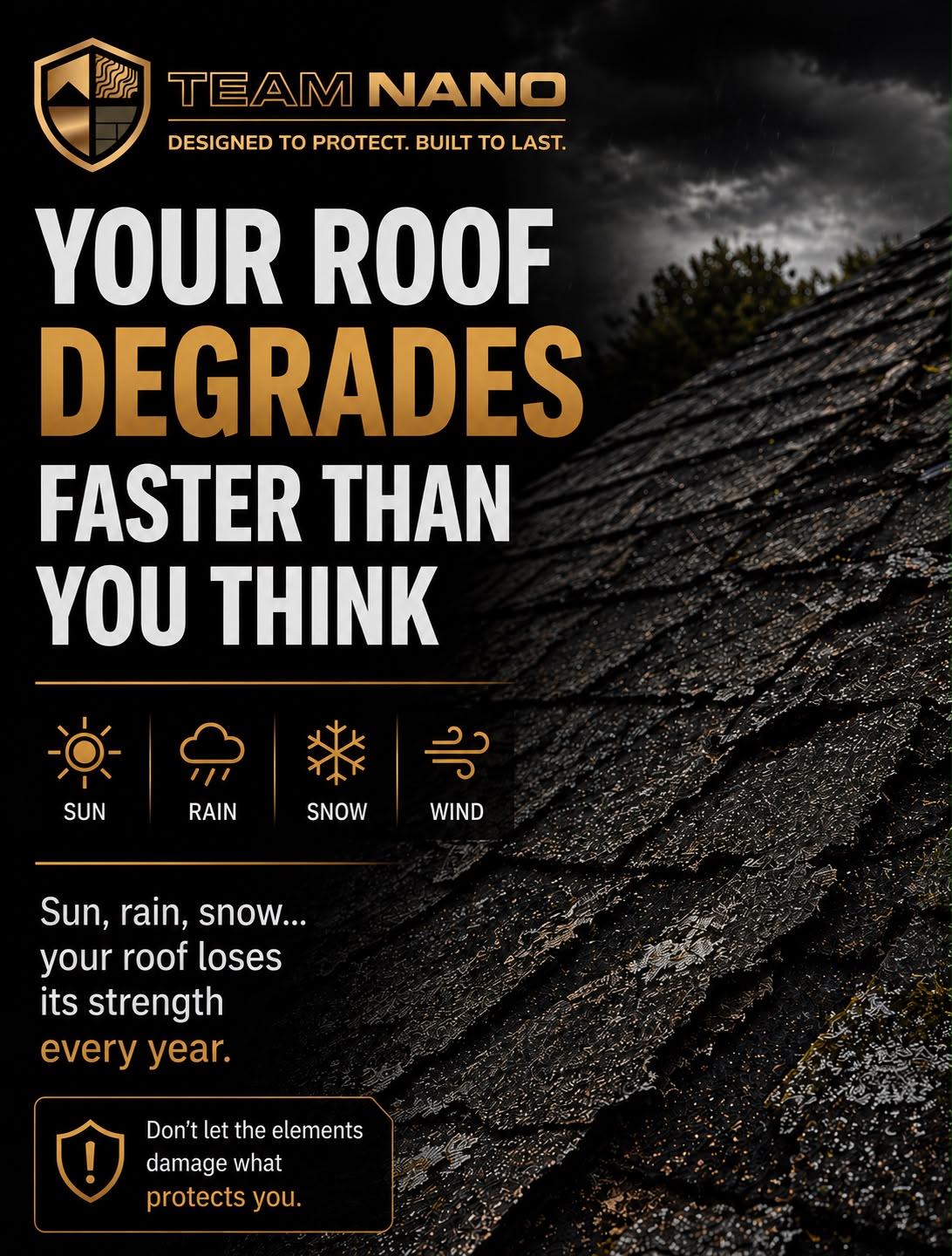 Roof surface exposed to rain, snow, wind, and UV conditions